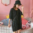 Elbow-sleeve Star Print T-shirt Black - One Size