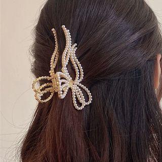 Bow Faux Pearl Hair Clamp White & Gold - One Size