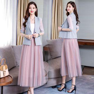 Set: Sheer Sleeve Panel Single-button Blazer + Mesh A-line Skirt