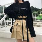 Long-sleeve Printed T-shirt / Buckled-accent Zipper A-line Skirt With Belt