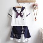 Set: Embroidered Sailor Collar Short-sleeve Blouse + A-line Skirt