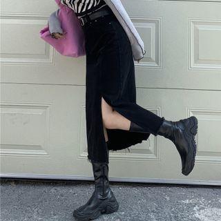 Side-slit Frayed Denim Pencil Skirt