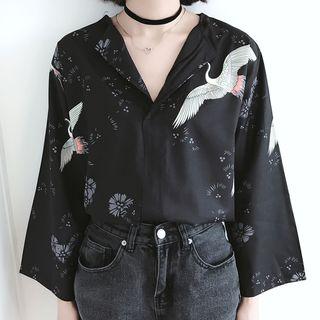 Crane Print Long Sleeve Chiffon Top