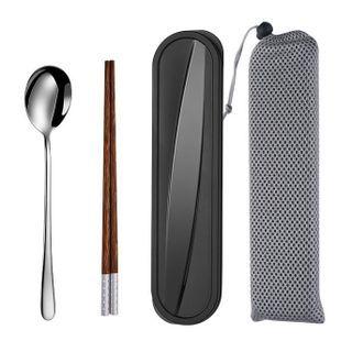 Set : Wooden Chopsticks + Stainless Steel Spoon + Pouch