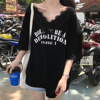 Lace Trim Printed Elbow Sleeve T-shirt