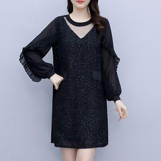 Puff-sleeve Glittering Shift Dress