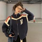 Mock-neck Lettering Zip-up Cardigan