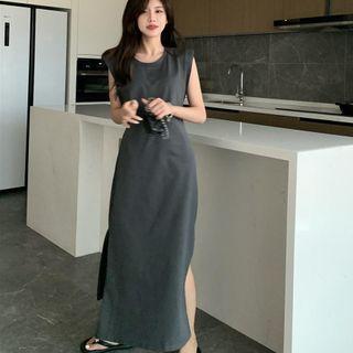 Sleeveless Plain Maxi Dress Gray - One Size