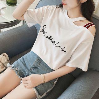 One-shoulder Letter Short-sleeve T-shirt
