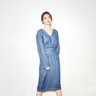 Smocked-waist Wrap-front Denim Dress