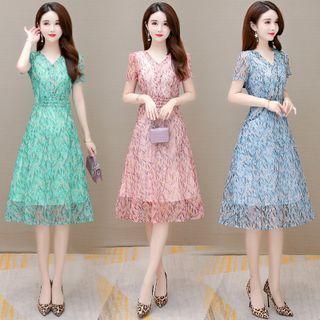 Short-sleeve Print Mesh Midi A-line Dress
