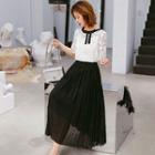 Set: Bow-accent Lace Top + Pleated Skirt