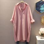 Long-sleeve Linen Blend Long Shirt Pink - One Size
