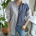 Contrast-panel Stripe Shirt Navy Blue - One Size