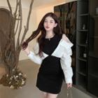 Mock Two-piece Cold-shoulder A-line Dress Black & White - One Size