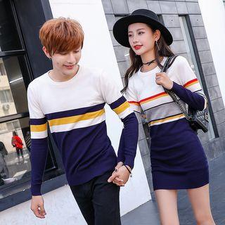 Couple Matching Striped Trim Sweater / Long-sleeve Knit Dress