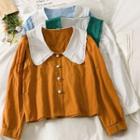 Two Tone Ruffle Button-up Cropped Blouse