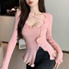 Long-sleeve Asymmetrical Slit Knit Top / Mini Pencil Skirt