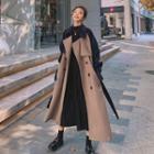 Color Panel Lapel Double-breasted Wool Coat