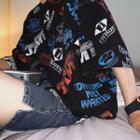 Elbow-sleeve All Over Letter T-shirt