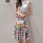 Set: Sleeveless Plain Blouse + Floral Midi A-line Skirt