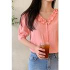 Frill-trim Cotton Blouse Pink - One Size