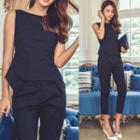 Set: Sleeveless Shirred Blouse + Straight-cut Pants