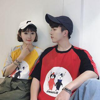 Couple Matching Printed Color Block Elbow-sleeve T-shirt