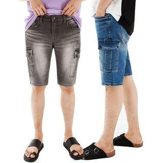 Plus Size Washed Denim Cargo Shorts