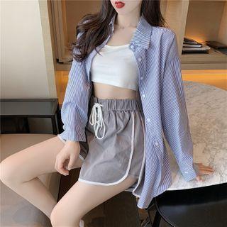 Striped Long-sleeve Shirt / Plain Long-sleeve Top /color-block Shorts