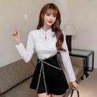 Set: Long-sleeve Two-tone Sequined Slit Mini Dress + Shorts