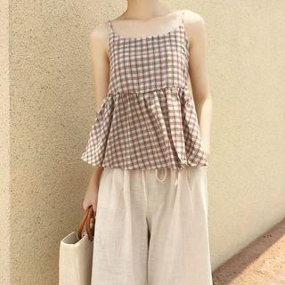 Check Camisole Top / Plain Wide-leg Pants