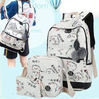 Set Of 3: Cartoon Print Canvas Backpack + Crossbody Bag + Zip Pouch