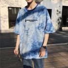 Elbow-sleeve Embroidered Letter Tie-dye T-shirt