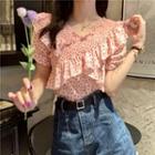 Short-sleeve Flower Print Ruffle Blouse Pink - One Size