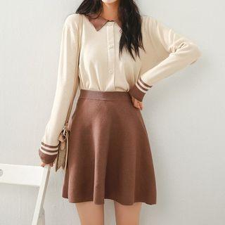 Set: Color Block Cardigan + Mini A-line Knit Skirt As Shown In Figure - One Size