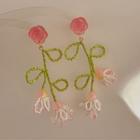 Flower Faux Crystal Fringed Earring 1 Pair - Silver Stud - Pink - One Size