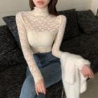 Long-sleeve Turtleneck Lace Top Slim - Almond - One Size