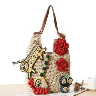 Cartoon Straw Tote Bag Red & Almond - One Size