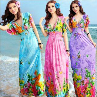 Print Short-sleeve Deep V-neck Maxi Sundress