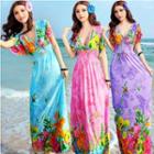Print Short-sleeve Deep V-neck Maxi Sundress