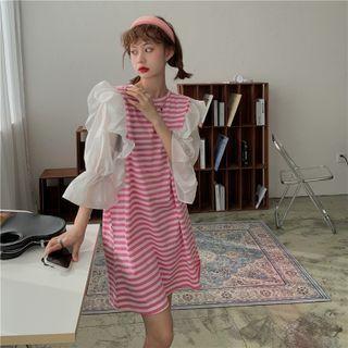 Puff-sleeve Striped Shift Dress