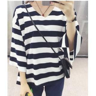 3/4-sleeve Striped V-neck T-shirt