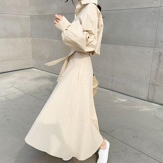 Flared Maxi Shirtdress With Sash Beige - One Size