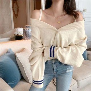 Off-shoulder Contrast-trim Knit Top Ivory - One Size