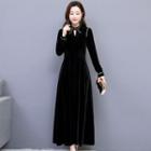 Long-sleeve Rhinestone Velvet Midi A-line Dress