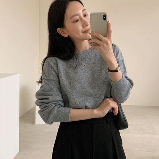 Round-neck Plain Knit Top Gray - One Size