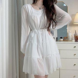 Long-sleeve Plain Tie-waist Mini A-line Dress