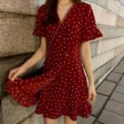 Short-sleeve Heart Patterned Mini A-line Dress