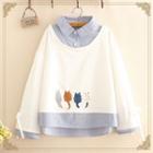 Mock Two Piece Cat Embroidered Pullover As Shown In Figure - One Size